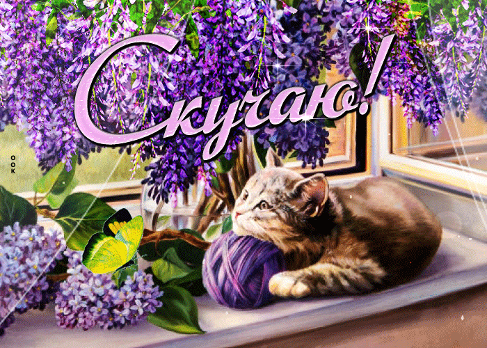 Postcard супер открытка скучаю! с сиренью и котом